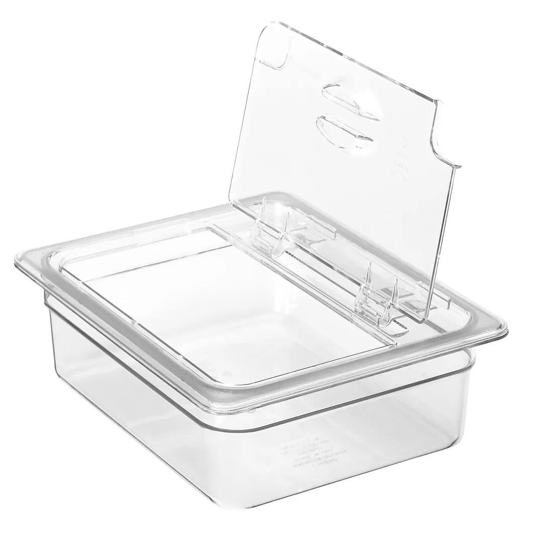 Cambro 20CWLN135 FlipLid Cover 1/2‑Size Clear Polycarbonate, Spoon‑Notched Hinged, NSF