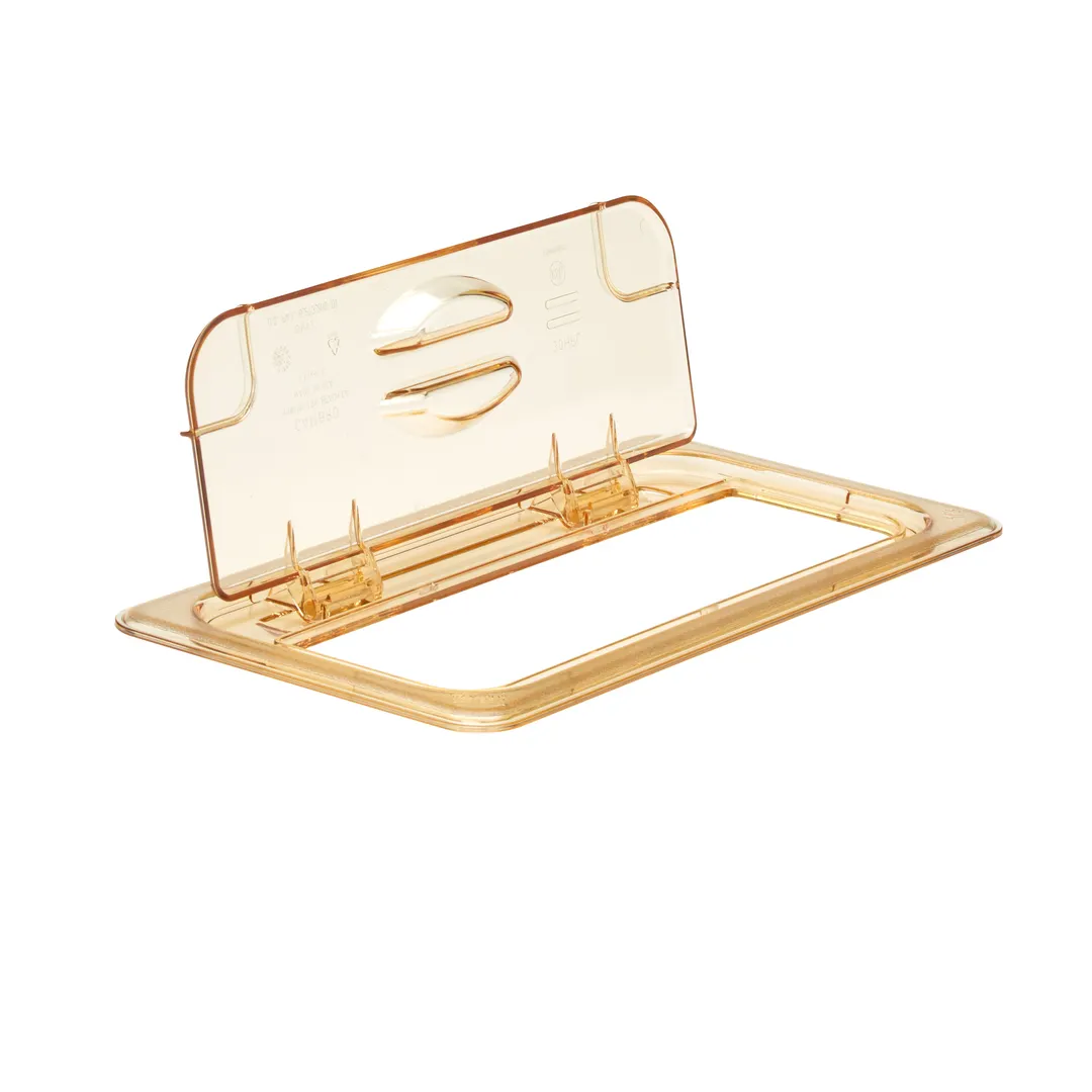 Cambro 30HPL150 H-Pan FlipLid 1/3-Size Amber Plastic Lid, Hinged, -40°F to 300°F, NSF