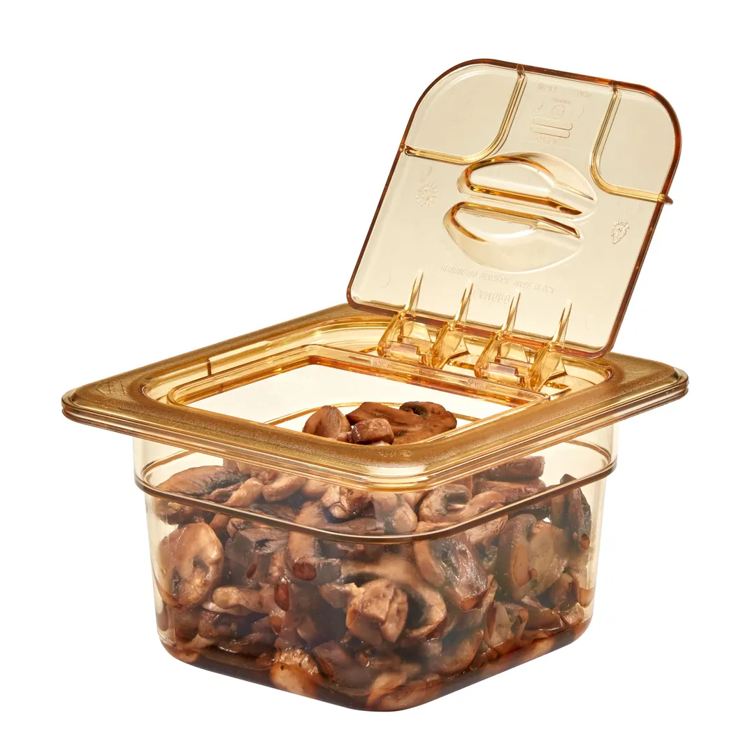 Cambro 60HPL150 H‑Pan FlipLid 1/6‑Size Amber Food Pan Cover, Hinged, -40°F to 300°F, NSF