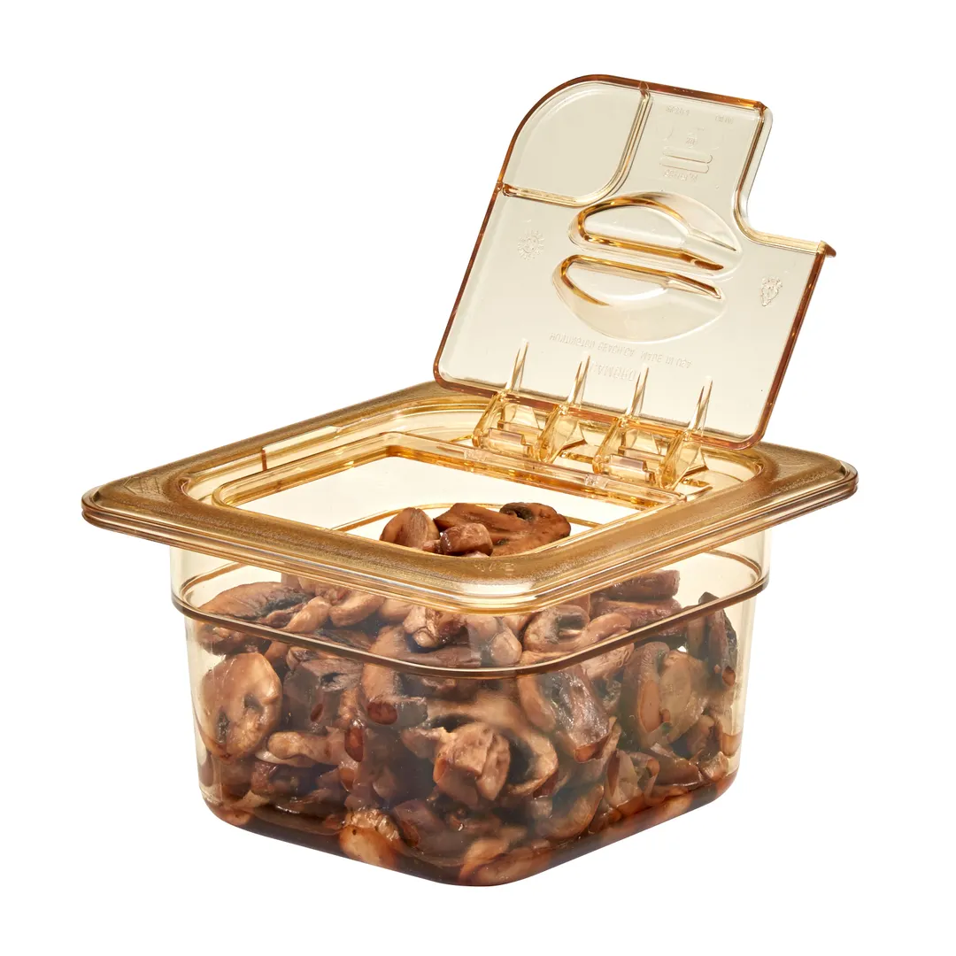 Cambro 60HPLN150 FlipLid Cover, 1/6‑Size Amber Plastic Lid, Notched Hinged, -40°F to 300°F NSF