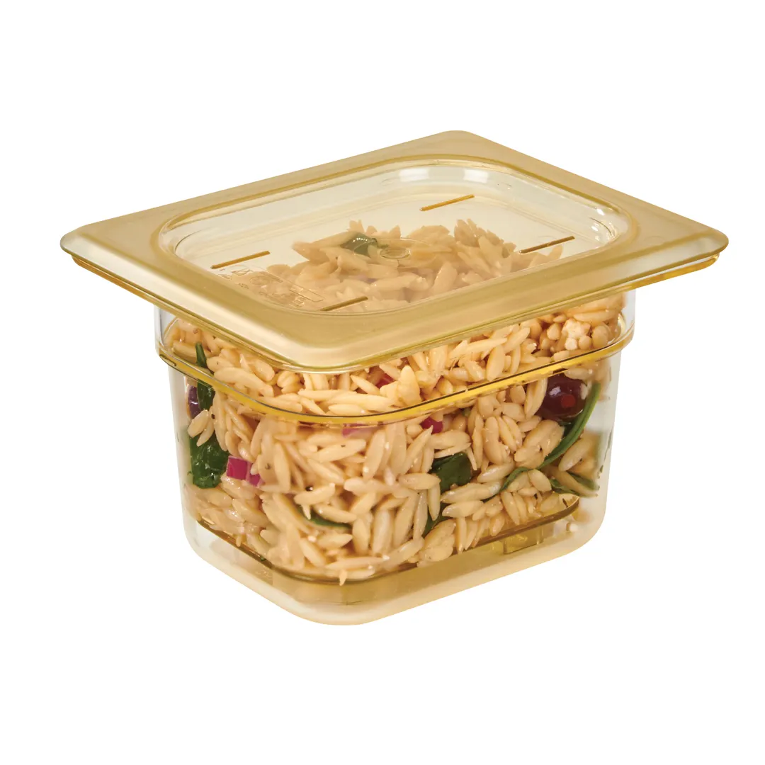 Cambro 84HP150 H‑Pan Food Pan, 1/8 Size, 4″ Deep, Amber Hi‑Temp Plastic, Non‑Stick, NSF