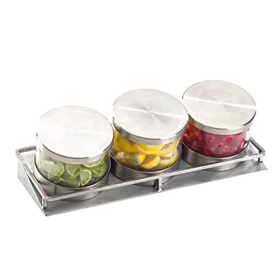 Cal-Mil 1850-4-55 Cold Condiment Display, (3) 16 Oz. Round Glass Jars With Silicone Lined Stainless Steel Solid Lids