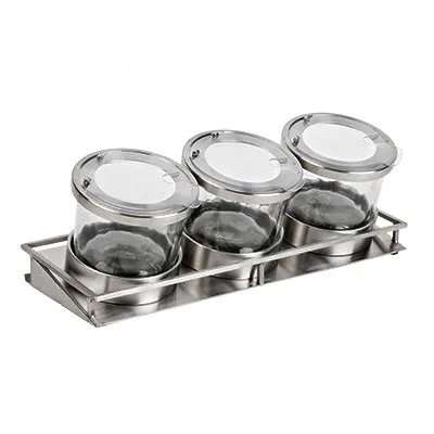 Cal-Mil 1850-4-55NL Cold Condiment Display, (3) 16 Oz. Round Glass Jars With Silicone Lined Stainless Steel Notched Lids