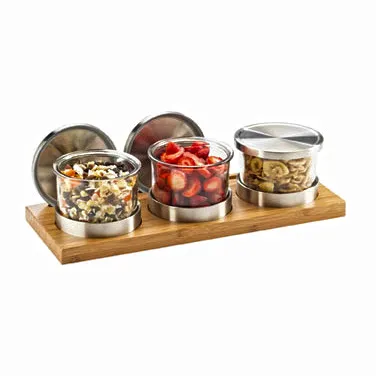 Cal-Mil 1850-4-60 Cold Condiment Display, (3) 16 Oz. Round Glass Jars With Silicone Lined Stainless Steel Solid Lids
