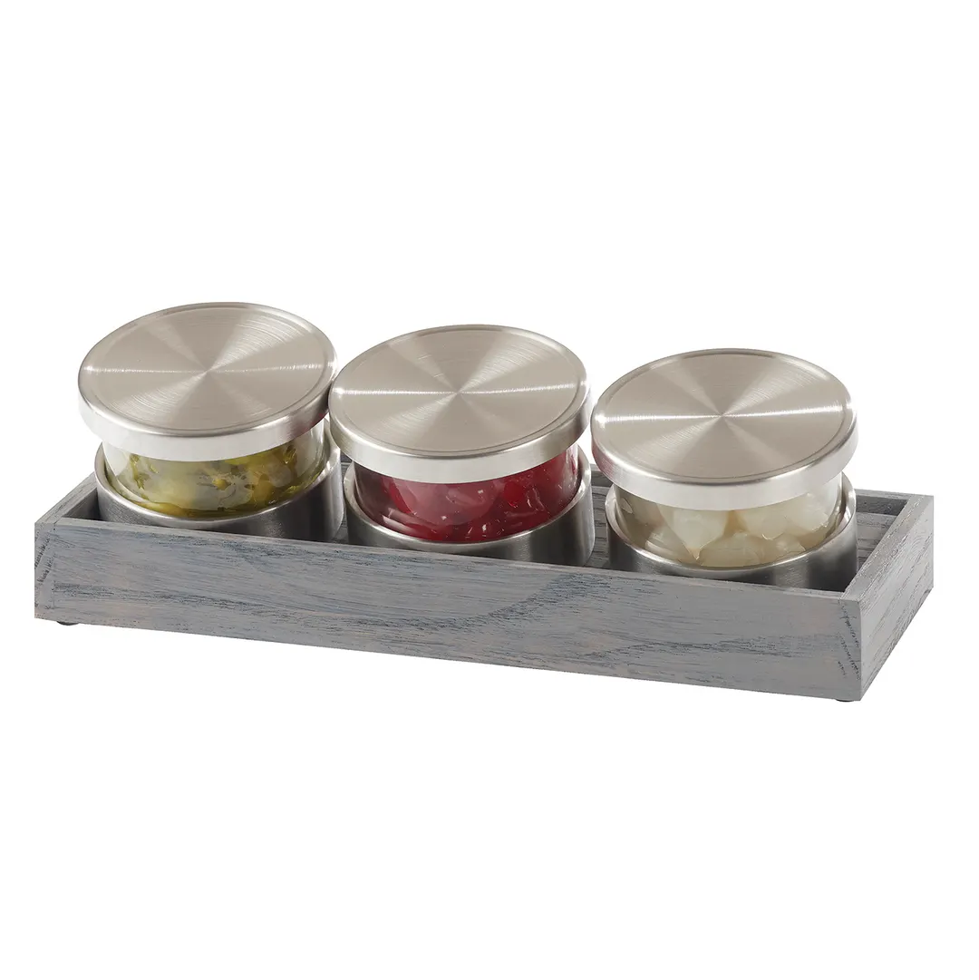 Cal-Mil 1850-4-83 Ashwood Mixology Display Set, 14.25"W X 6"D X 5"H, Includes: (3) Round 16 Oz. Glass Jars With Silicone Lined Stainless Steel Lids