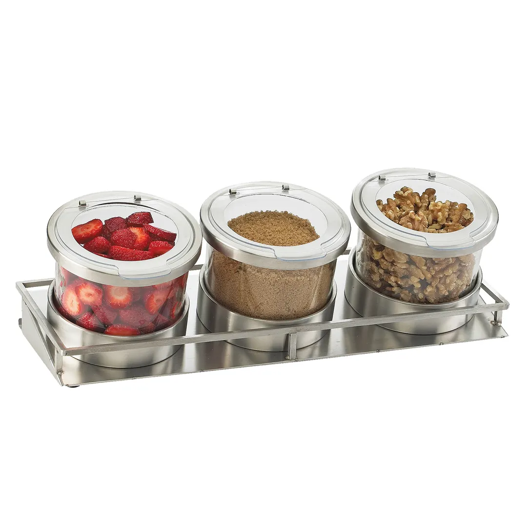 Cal-Mil 1850-5-55HL Cold Condiment Display, (3) 32 Oz. Round Glass Jars With Silicone Lined Stainless Steel Hinged Lids