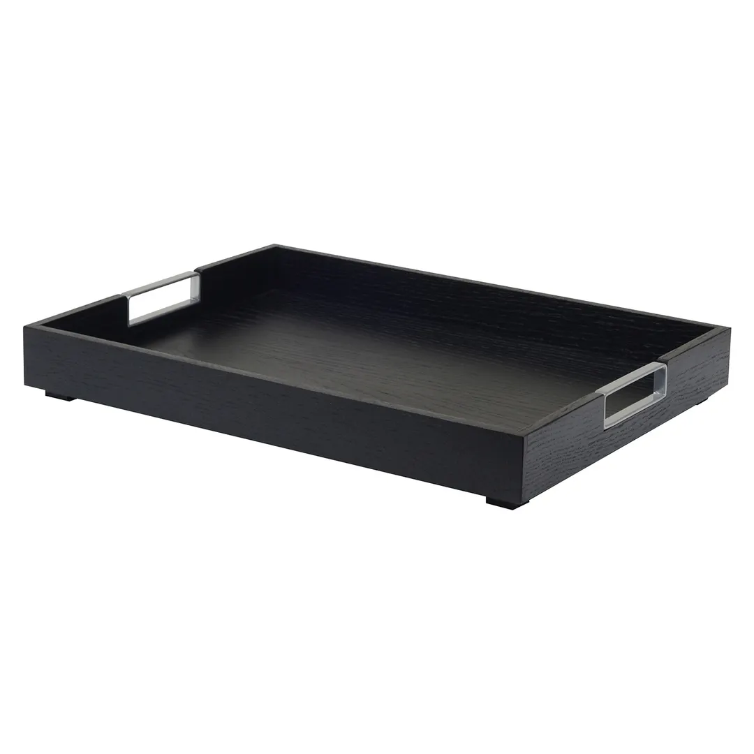 Cal-Mil 22347-87 Room Service Tray – 22" W x 17" D x 3" H, Oak Wood, Black, Stackable, Handles