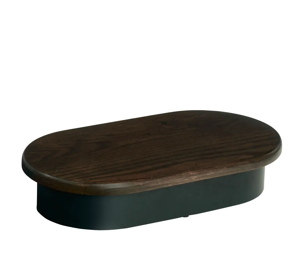 Cal-Mil 22411-3-112 Heritage Riser, 18" X 10" X 3"H, Oval, Dark Brown Oak Top And Black Metal Base