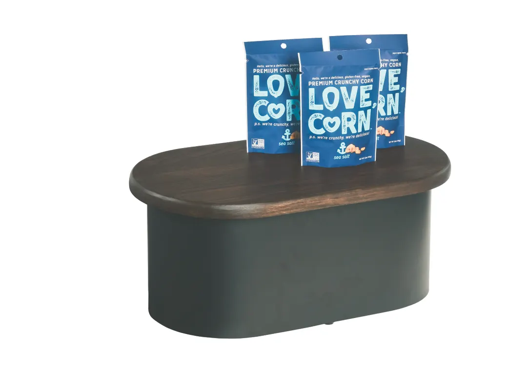Cal-Mil 22411-7-112 Heritage Riser, 18" X 10" X 7"H, Oval, Dark Brown Oak Top And Black Metal Base