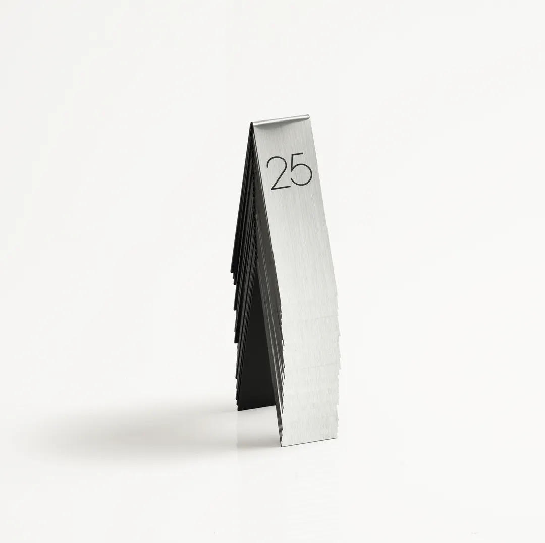 Cal-Mil 22623A-10 Engraved Table Number Tent Set, 1-25, 1-3/4" x 5" Silver/Black Finish