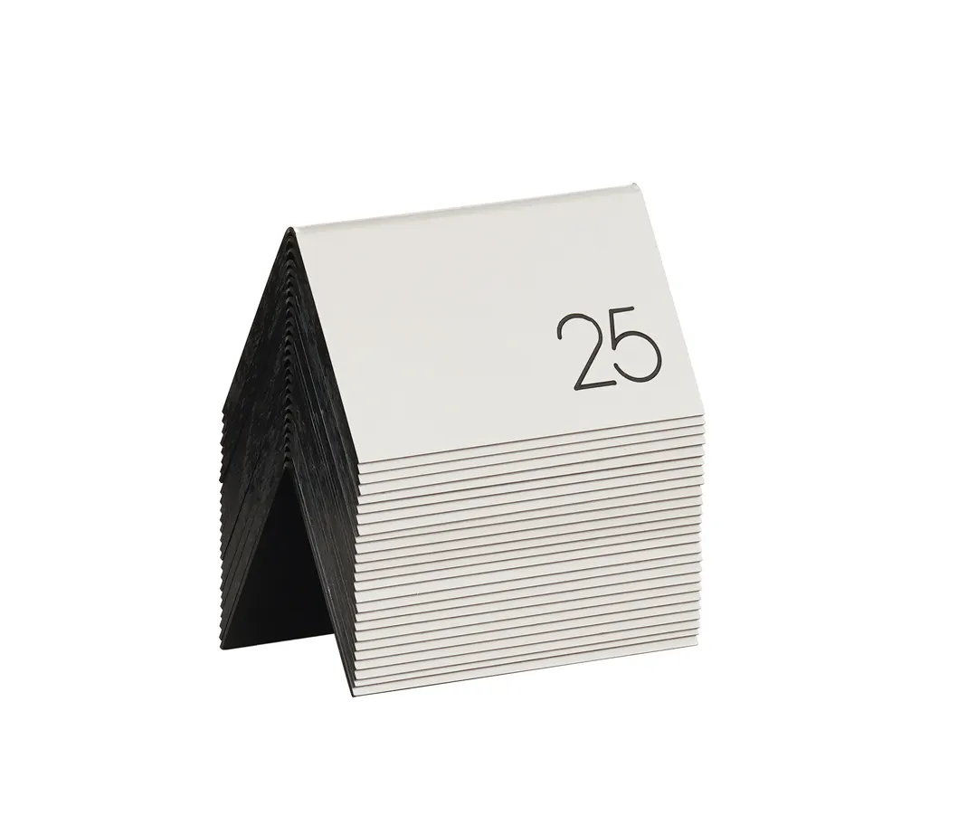 Cal-Mil 22625A-10 Engraved Number Tent Set 1-25, Horizontal Sign, 5" W x 3½" H, Silver/Black