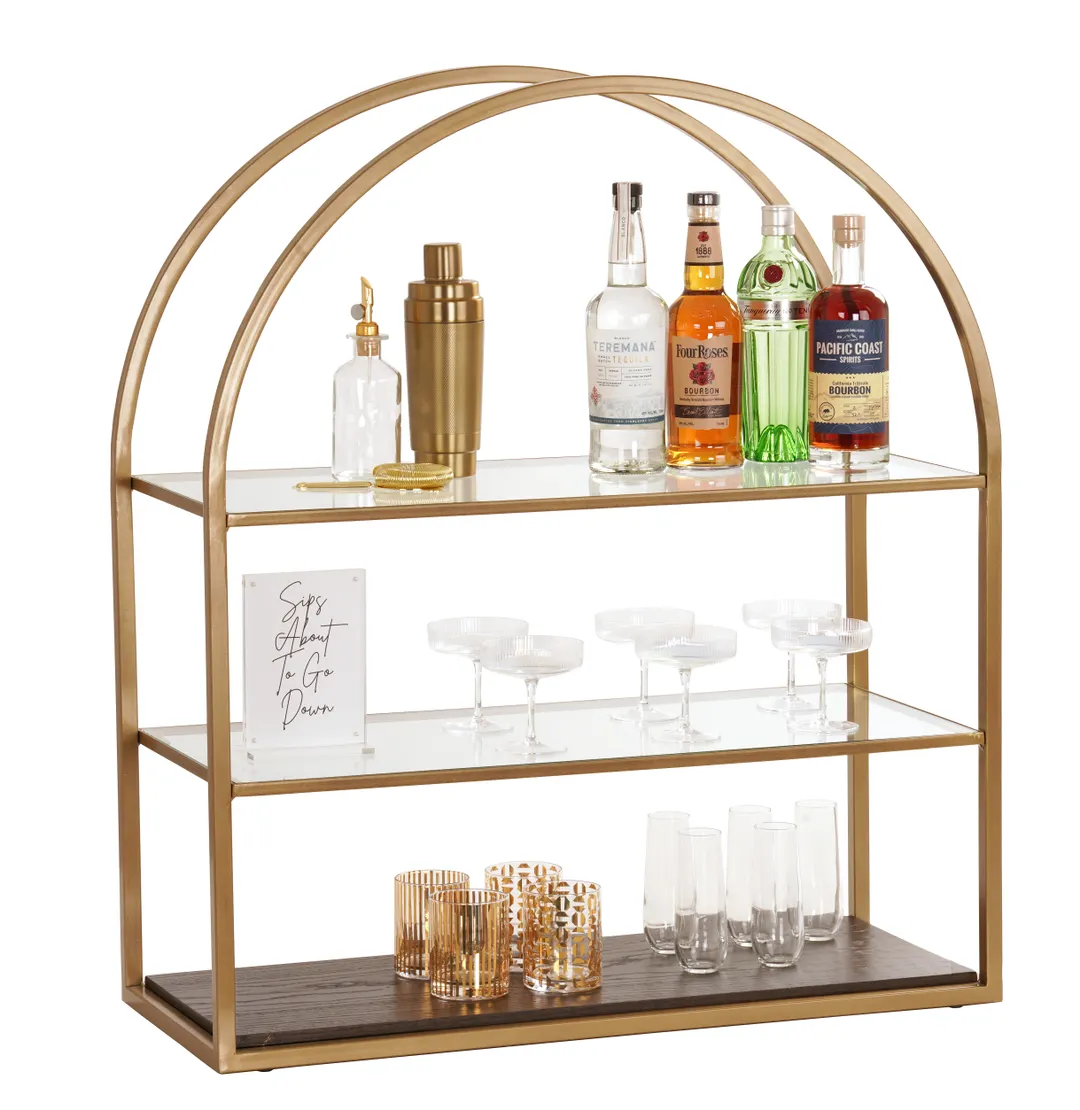 Cal-Mil 22904-112 Merchandising Rack, 33-1/2"W x 13-3/4"D x 38-1/4"H, 3 Tiers, Gold Metal & Dark Wood Shelves, Arched Frame, Heritage