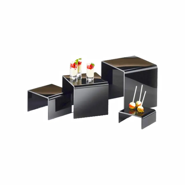 Cal-Mil 237 Riser Set, Black Square Acrylic 4 Steps 5×5×2"‑8×8×8" ScratchResist Plastic Base - 4/Set