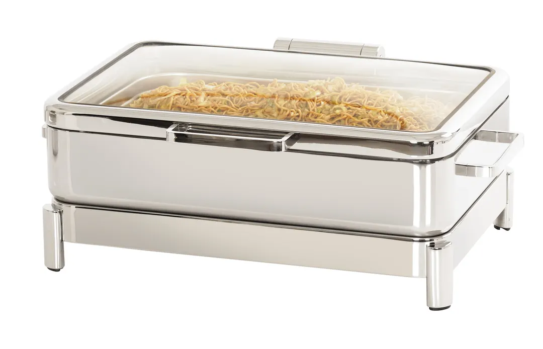 Cal-Mil 23718-49 Induction Chafer, 26" W x 18.5" D x 10" H Soft‑Close See‑Through Chrome Lid Buffet
