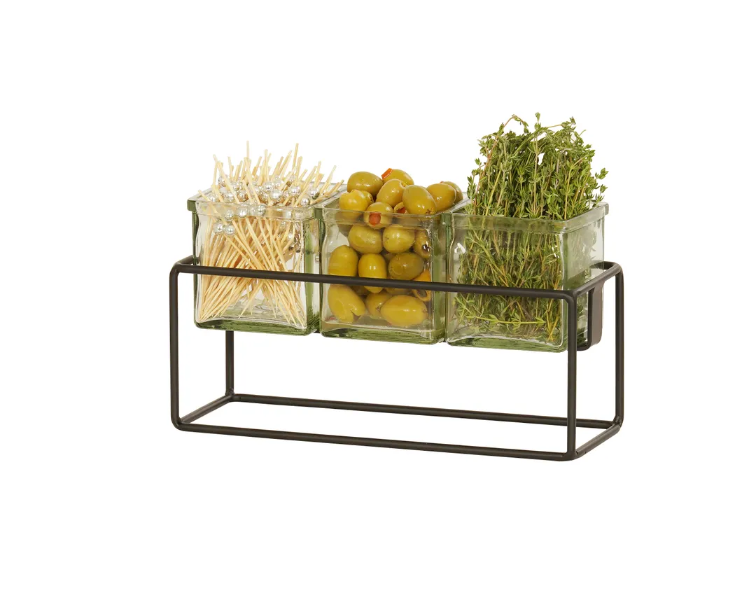 Cal-Mil 23747-6-13 3 Jar Holder, 12.5"W X 4.5"D X 6"H, Includes 3 Glass, Black