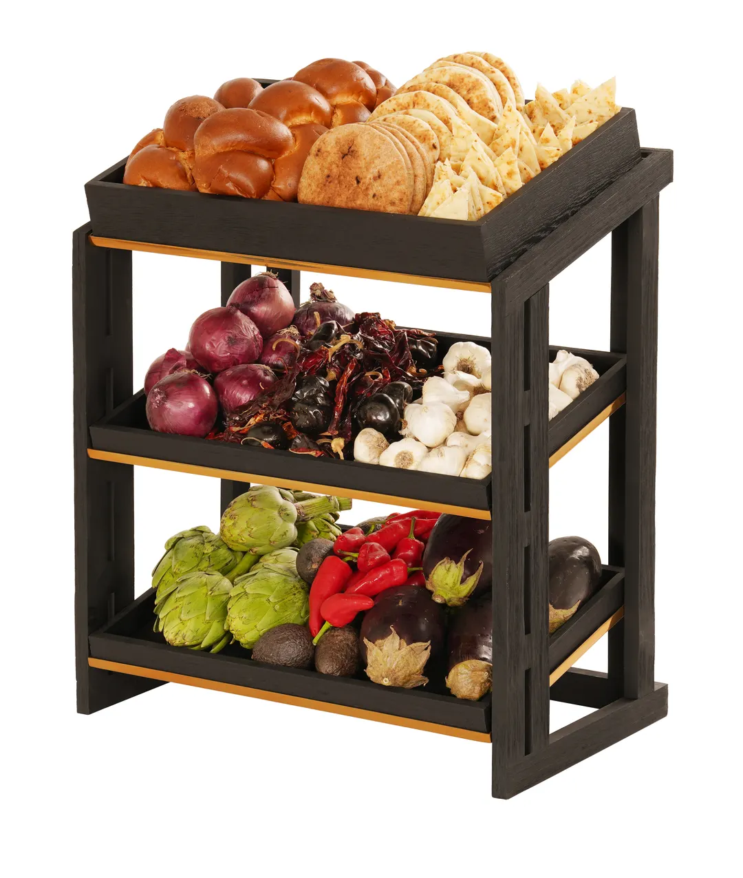 Cal-Mil 23780-3-13 Brooklyn Merchandiser, 3-Tier, Textured Wood Base Accented By Antique Brass Details