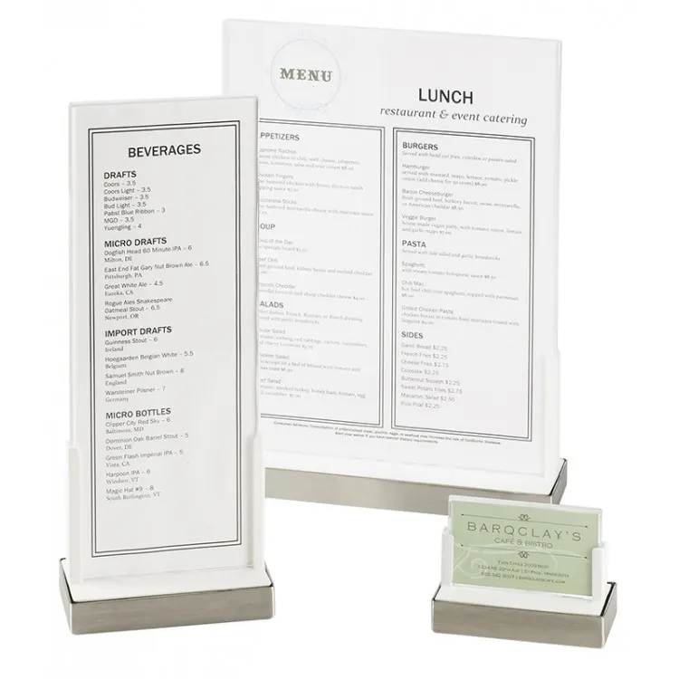 Cal-Mil 3016-811-55 Luxe Menu Holder, 9"W X 2-5/8"D X 12"H, Accommodates 8.5"W X 11"H Menu/Sign, Stainless Steel Base Accent