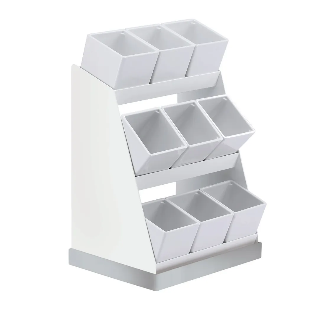 Cal-Mil 3018-55-15 Luxe Condiment Display, 12.25"W X 9"D X 15.5"H, 3-Tier (9) 4" X 4" White Melamine Jars