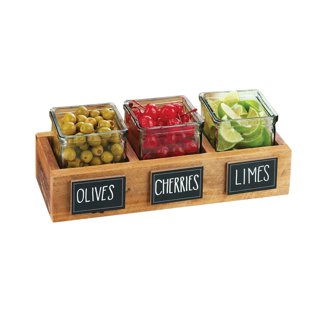 Cal-Mil 3406-3 Madera Jar Display, 14"W X 5.5"D X 3"H, Rectangular (3) 4" X 4" Glass Jars