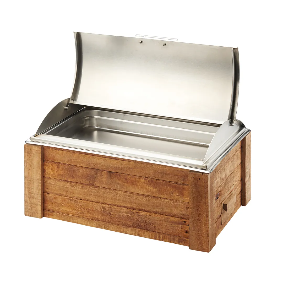 Cal-Mil 3429-99 Madera Chafer, 8 Qt Rect, 22"W x 14¼"D x 9"H, Steel Lift‑Off Lid, Pine Base