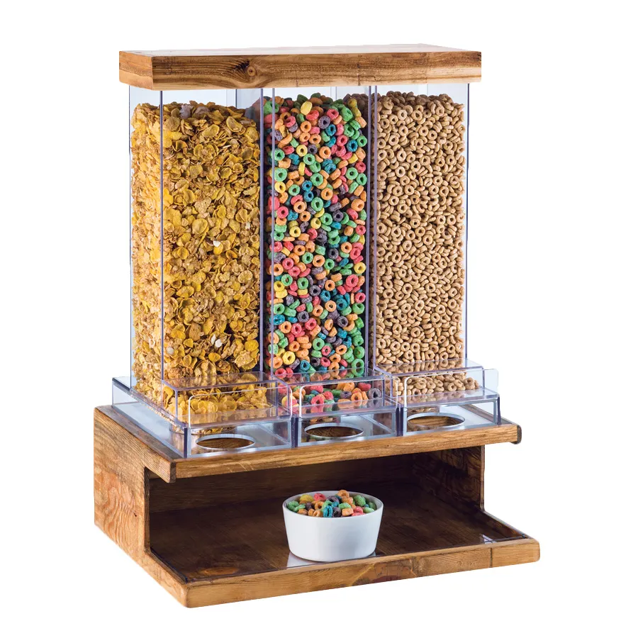 Cal-Mil 3434-99 Countertop Cereal Dispenser, 18"W x 14½"D x 24"H, Pine, 3×9.8L Bins, Pull‑Lever