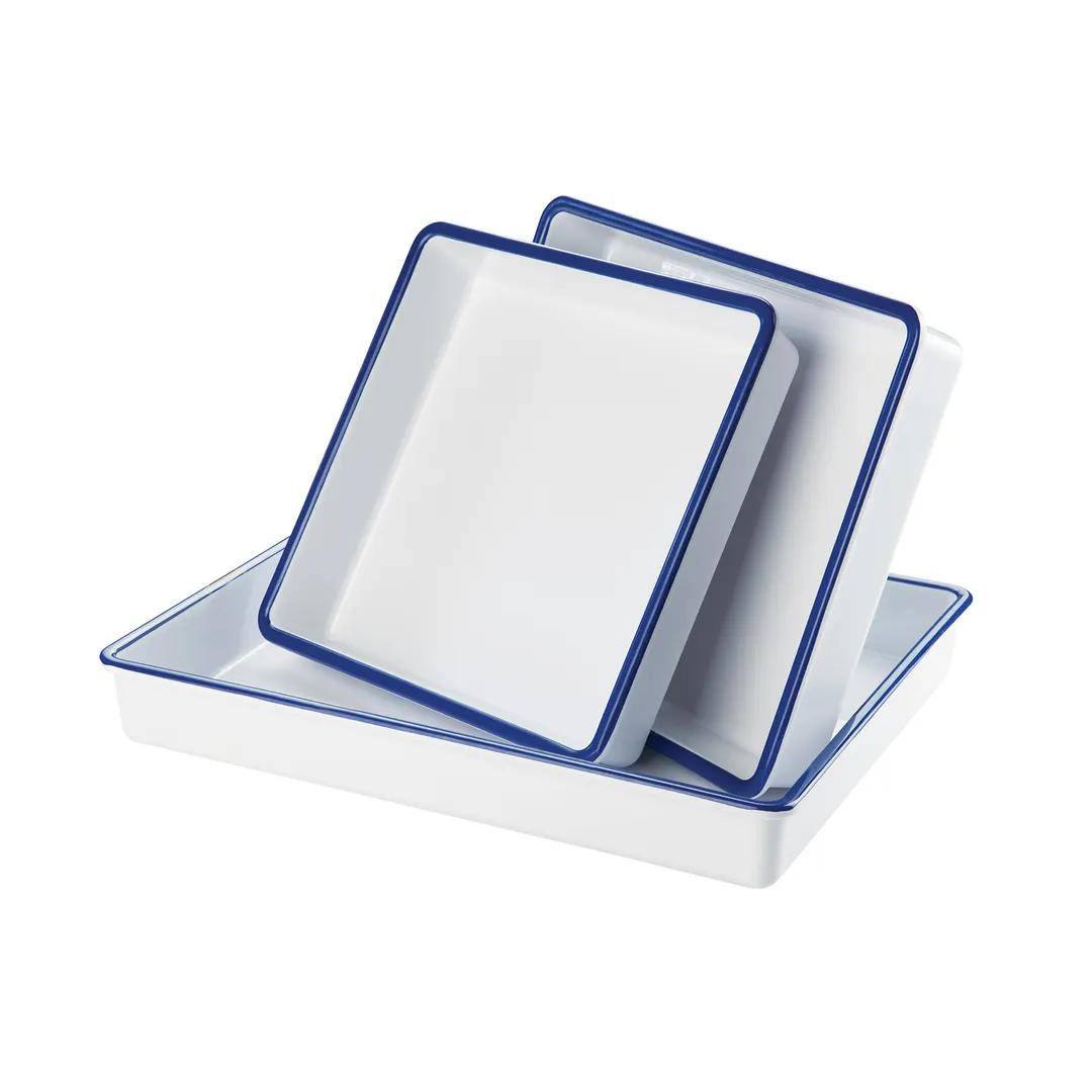 Cal-Mil 3464-15 Serving Tray, 12"W x 10"D x 2"H, Rectangular, White Melamine With Blue Rim