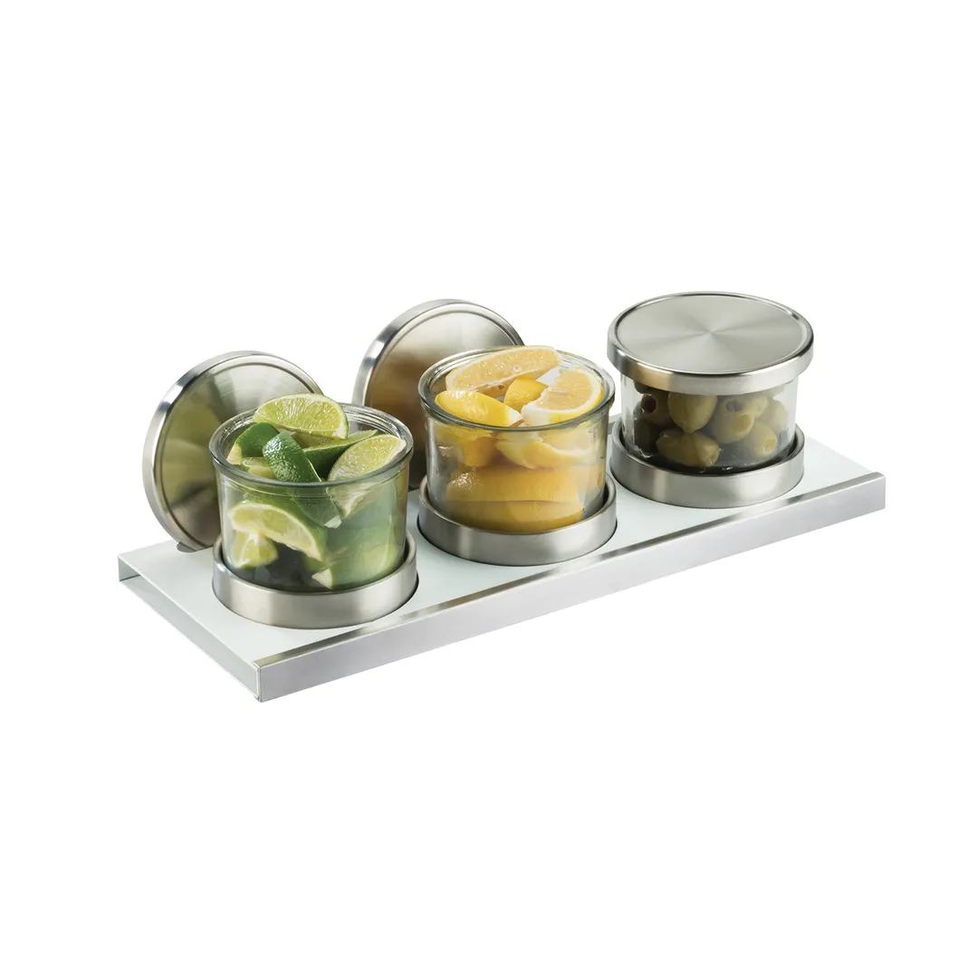 Cal-Mil 3492-4-15NL Luxe Jar Set – 3 Glass Jars 16"W x 6"D x 4"H, Stainless Lids, Cold Pucks