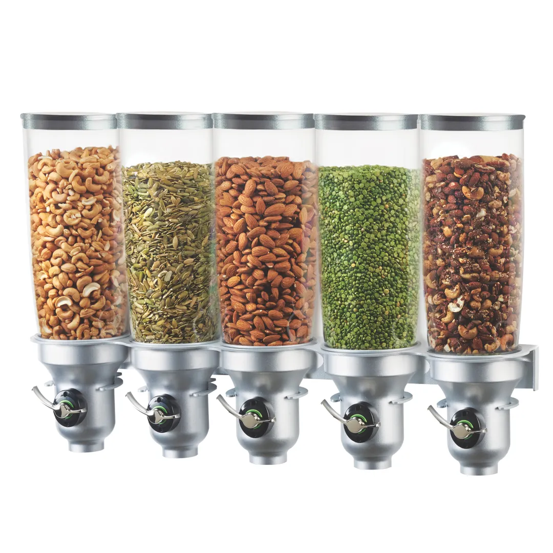 Cal-Mil 3518-5-39FF Wall-Mount Cereal Dispenser, 5x5-L Cylinders, 40W x 6½D x 19¾H, Platinum Finish