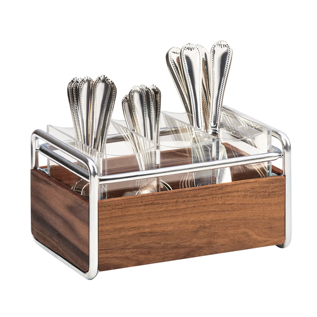 Cal-Mil 3700-49 Mid-Century Flatware Holder, 9.5x6.5x5.5, 3 Compartment, Walnut with Chrome Frame