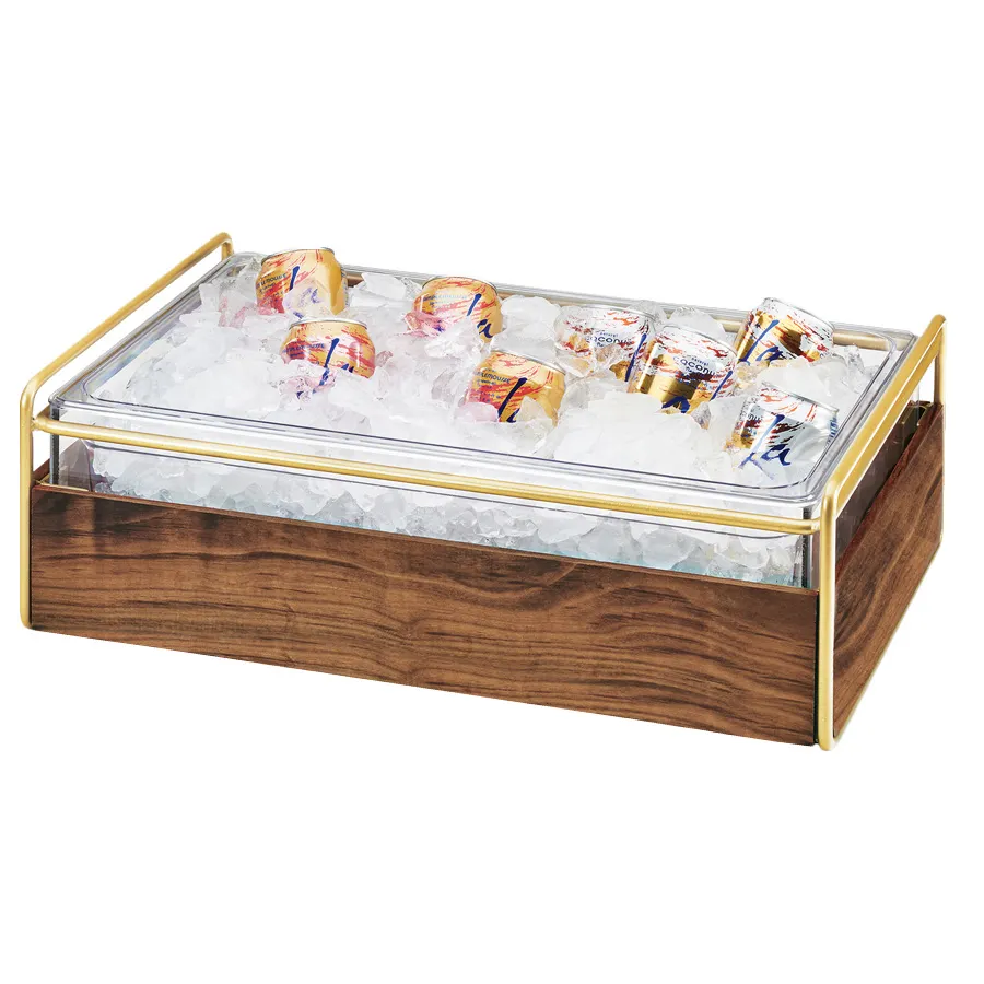 Cal-Mil 3702-12-46 Mid-Century Ice Display, 13.5"W x 21.75"D x 7.25"H, Clear Pan, Wood & Brass Frame