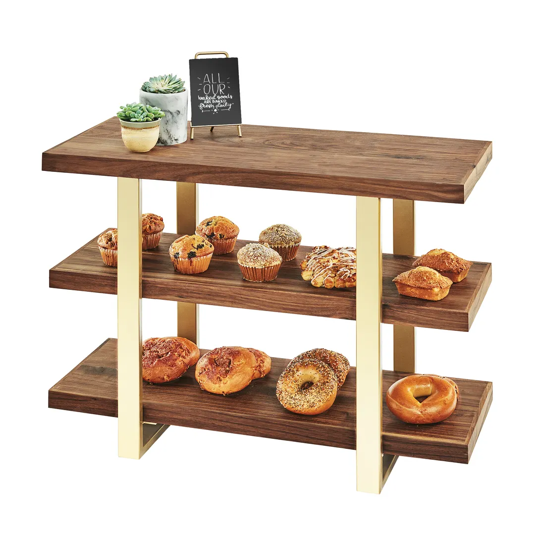 Cal-Mil 3708-46 Mid-Century Frame Riser Shelves, 32"W X 13.5"D X 25.5"H, 3-Tier (3) Walnut Shelves