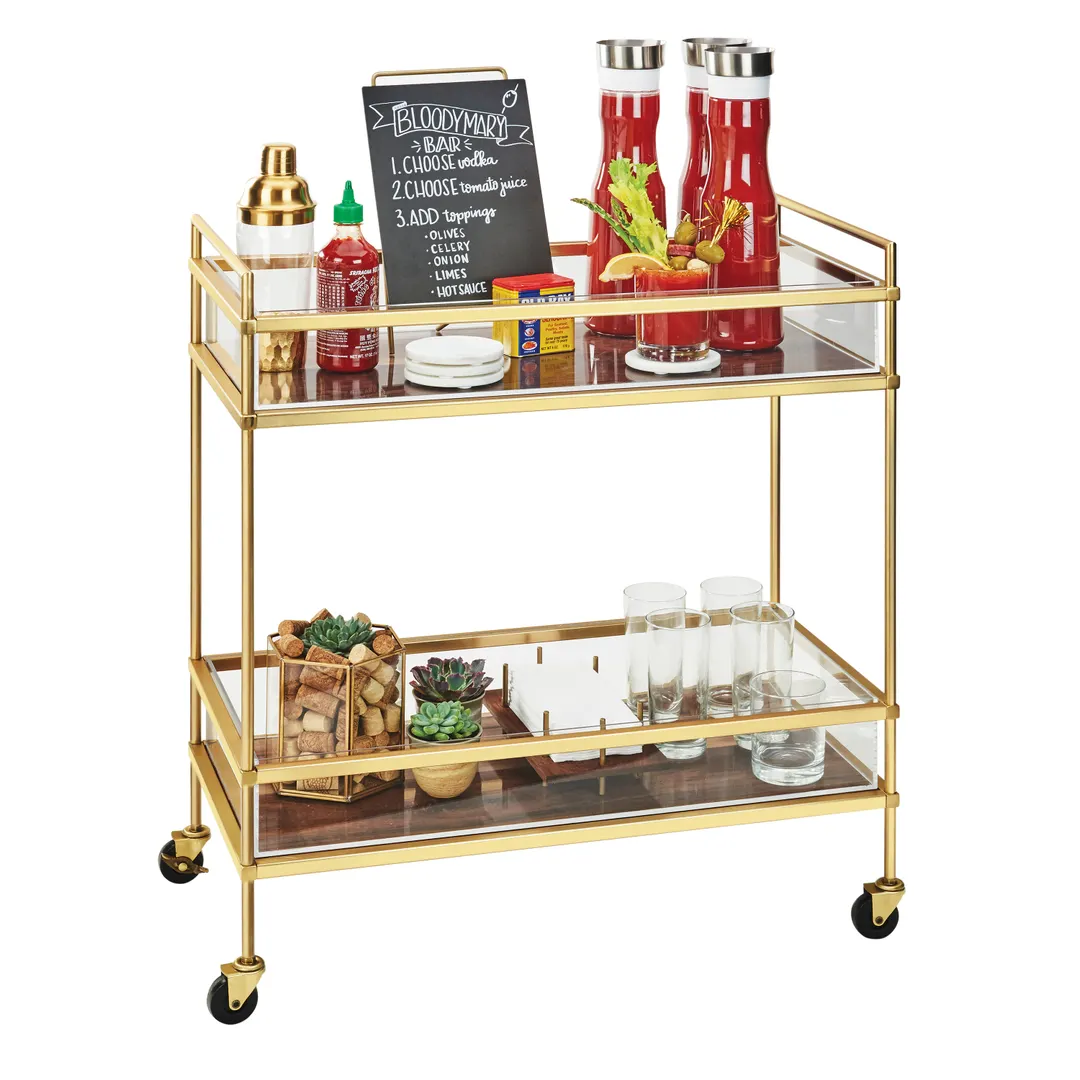 Cal-Mil 3719-49 Mid-Century Beverage Cart, 27W x 16D x 36H, Chrome, Metal, 2 Walnut Shelves, Locking Casters