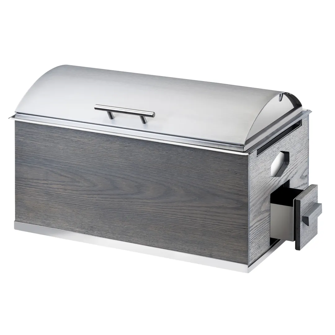Cal-Mil 3828-83 Oak Chafing Dish, 8-Quart, 22x14x13.5", Steel Hinged Lid, Gray, Windguard & Drawer