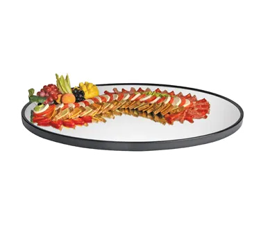 Cal-Mil RR322 Gourmet Oval Mirror Serving Tray, 24" x 32" Glass, Black Acrylic Trim, Raised Rim