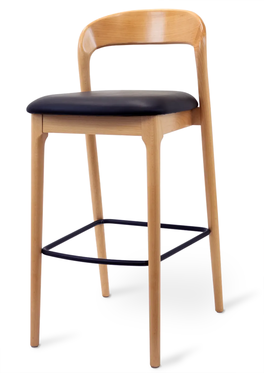 JustChair W11730 Wooden Bar Stool with Contour Back, Padded Seat, German Beech, Leg Rest, Quickship