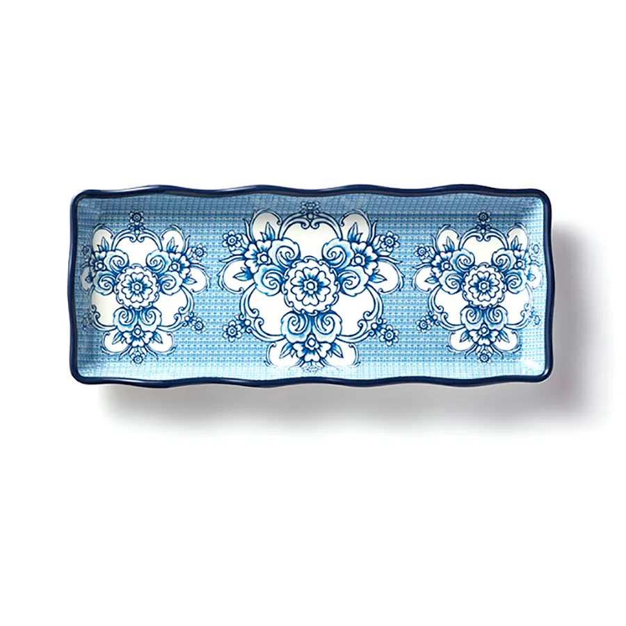 American Metalcraft BLUP14 14" L x 5-5/8" W x 1.25" H Rectangular Melamine Platter, Isabella Blue & White