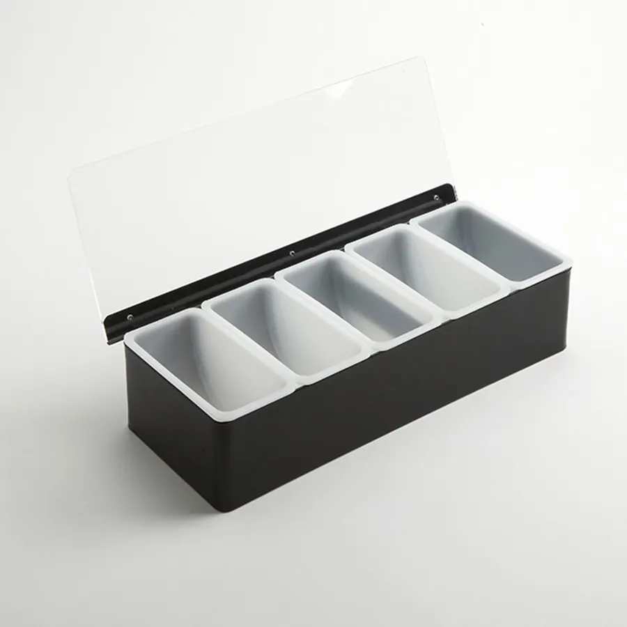 American Metalcraft CDB5 5‑Compartment Bar Holder, Black Steel, 14.75"L x 5.75"W x 3.5"H, with 16‑oz Plastic Containers