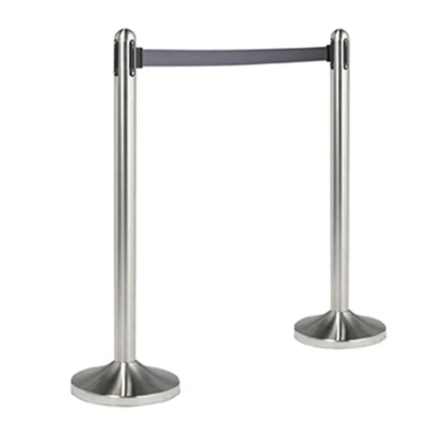 American Metalcraft RSRTGY Portable Stanchion 15" Base x 40" Brushed Steel Post 7ft Gray Nylon Belt 84" - Set