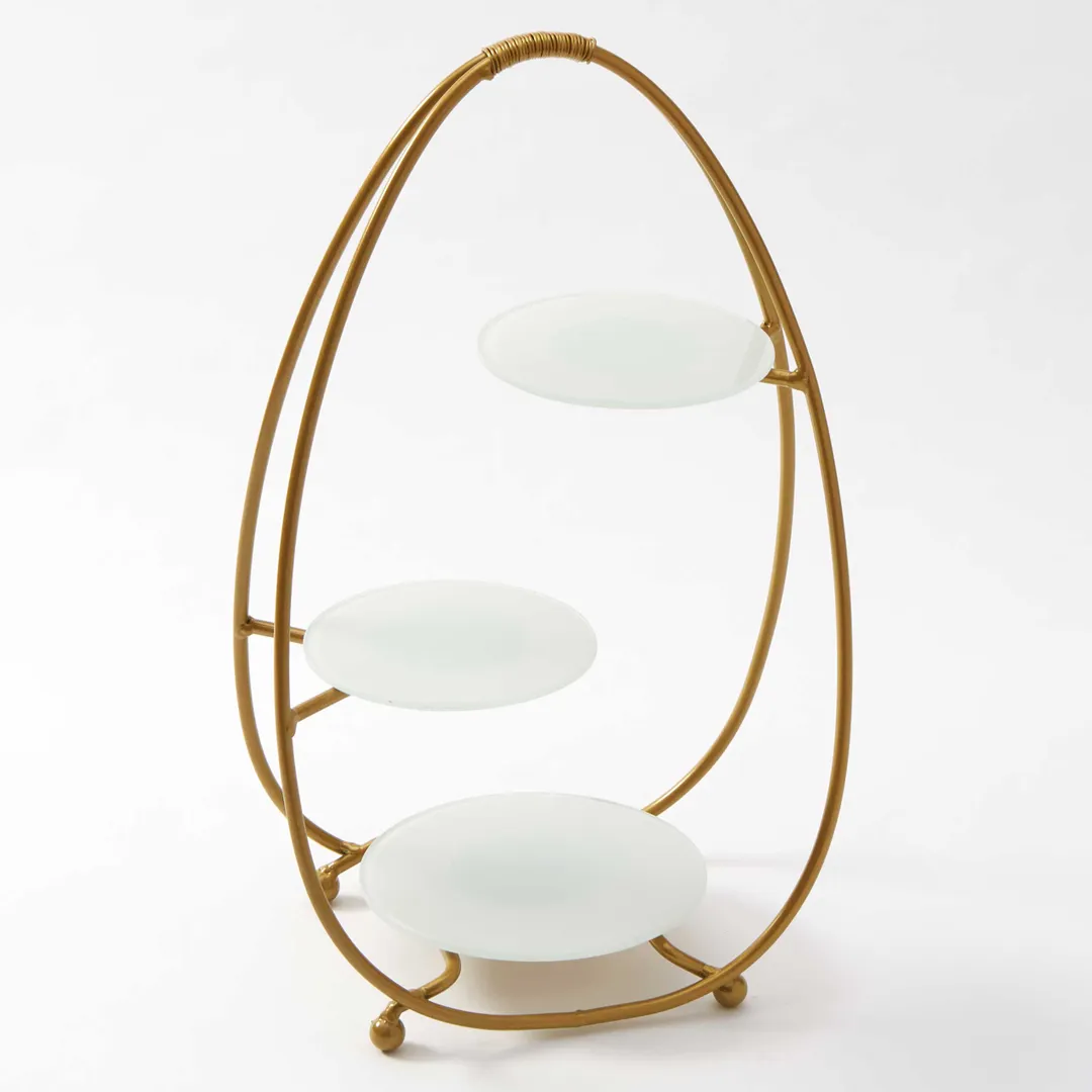 American Metalcraft SRG3 3‑Tier Oval Buffet Stand, 12"L×7"W×20½"H, Gold Built‑In 6" & 7¼" White Glass Plates