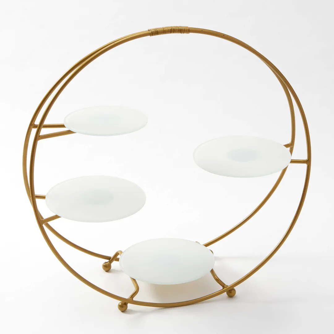 American Metalcraft SRG4 4-Tier Stand, Gold, Round, 21" H x 6.5" W, Includes 6" & 7.25" Glass Plates, Carry Handle