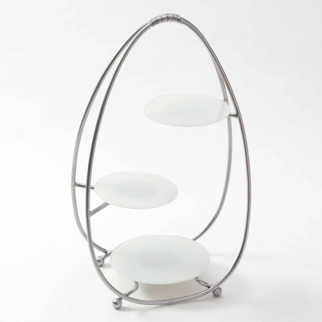 American Metalcraft SRS3 3‑Tier Oval Stand, 12"L x 7"W x 20‑½"H, Silver Frame, 6" & 7¼" Glass Plates, Carry Handle