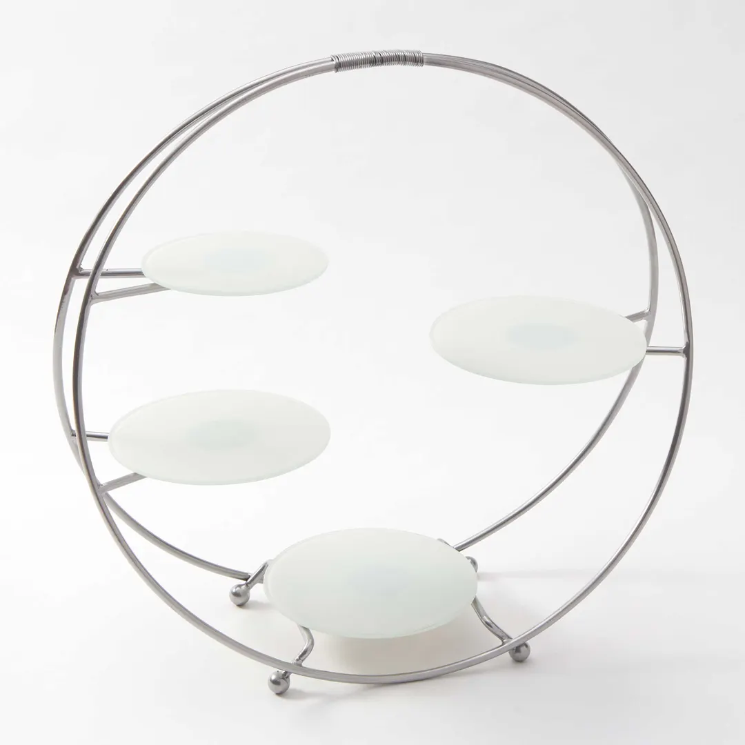 American Metalcraft SRS4 4‑Tier Round Silver Buffet Stand, 21" L x 6.5" W x 21.8" H, 6" & 7¼" glass plates, hand‑wash