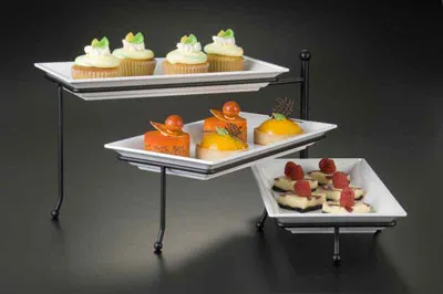 American Metalcraft TTREC3 Ironworks 3‑Tier Stand, Black Wrought Iron, 17‑3/8" × 7‑1/2" × 10" (H 9‑12"), Center‑Swing