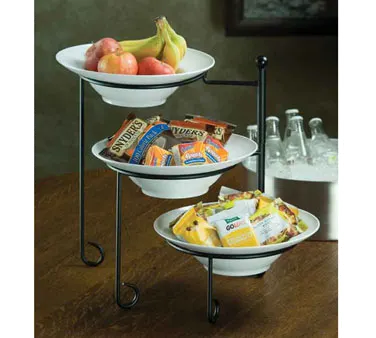 American Metalcraft TTRSMEL7 3‑Tier Display Stand, 17" H x 9.75" W, opens 24" wide black iron 12" melamine bowls 87 oz