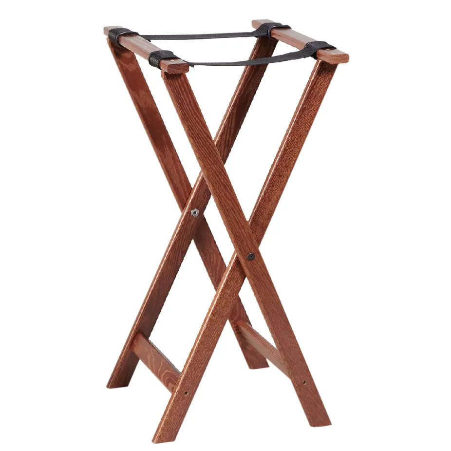 American Metalcraft WTSW39 Tray Stand – 18" Wide x 38" High, Walnut Wood, Brown Frame, Foldable, Black Nylon Straps