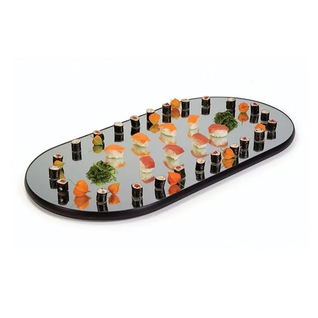 Lakeside 2264 Mirror Tray Oval 16" x 32" Glass with Wood Backing, Edges, 9" Legs, Made in USA