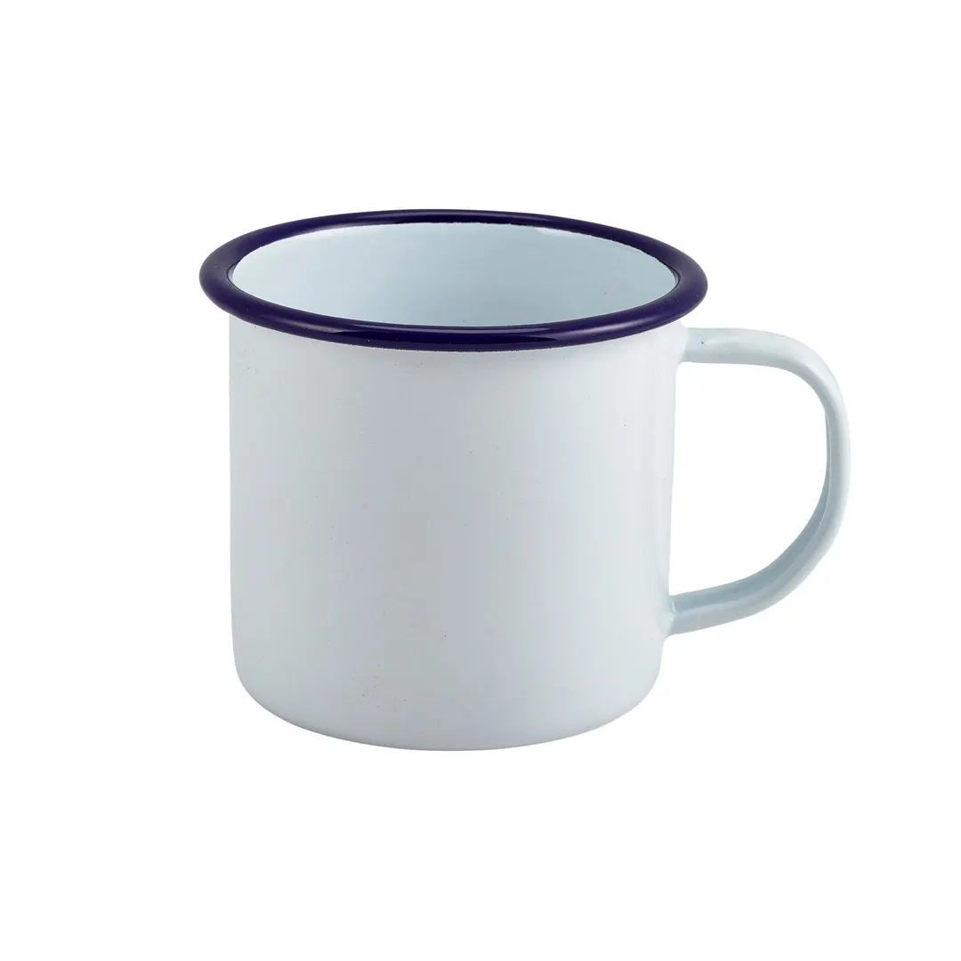 Steelite GW50008 Enamel Mug, 12.5 oz, 4.5" x 3.5" x 3.25", Steel, Blue Rim, Dishwasher Safe - 1 Dozen