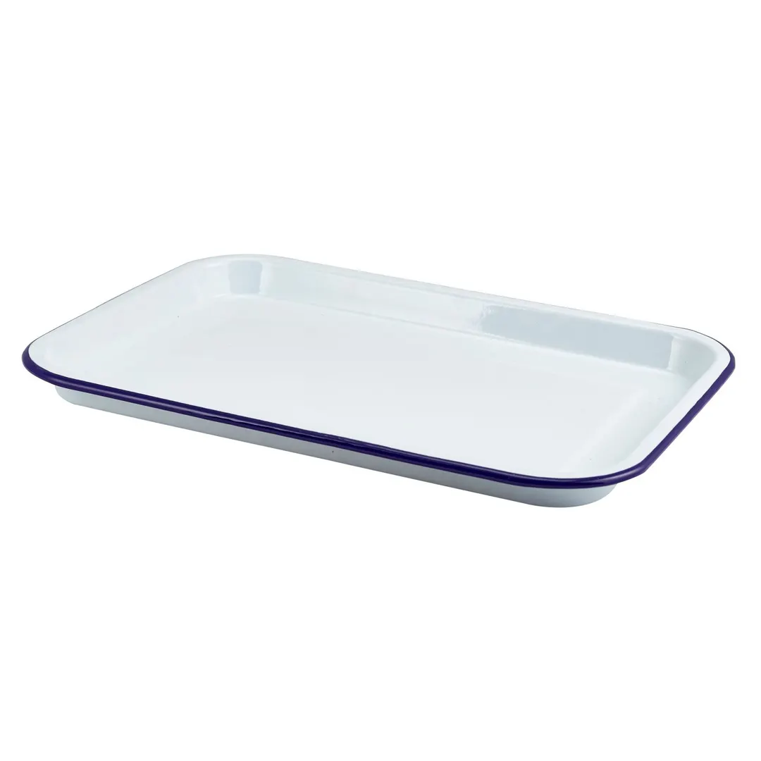 Steelite GW942938WH - Rectangular Enamel Tray, 15.125" x 10.375" x 0.875", Blue Rim, Steel - 6/Case