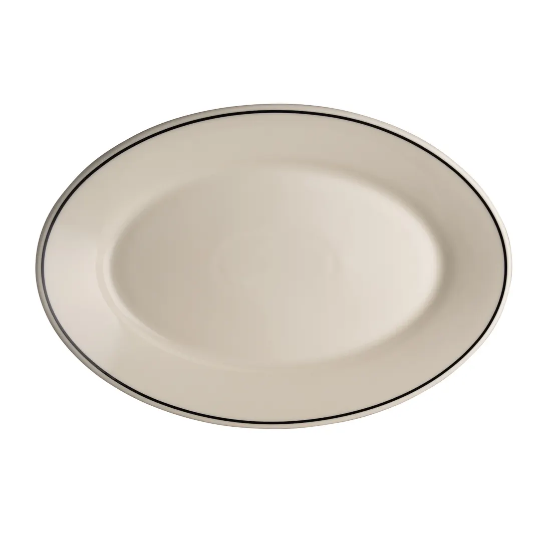 Steelite HL1531743 Oval China Platter, 9.5" x 6.75" White Black Line, Rolled Edge - 1 Dozen