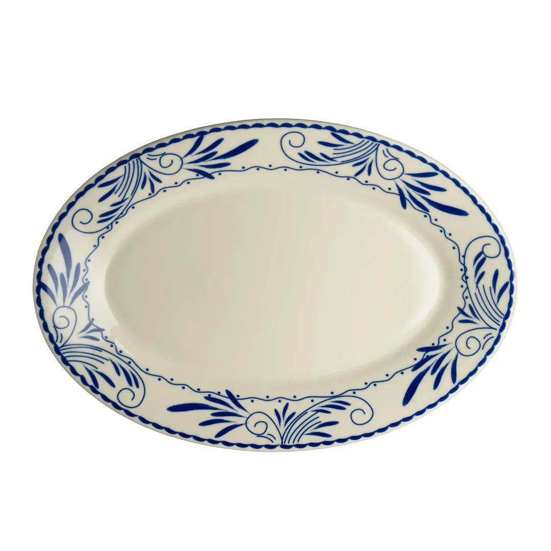 Steelite HL15841008 Oval China Platter, 15.63" x 11.38", White/Ivory/Blue Mex, Rolled Edge - 1 Dozen